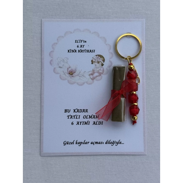 64 Adet Kişiye Özel 6 Ay Kına Hatırası Kırmızı Anahtarlık ve Paketlenmiş Kına Dağıtmalık Hediyelik