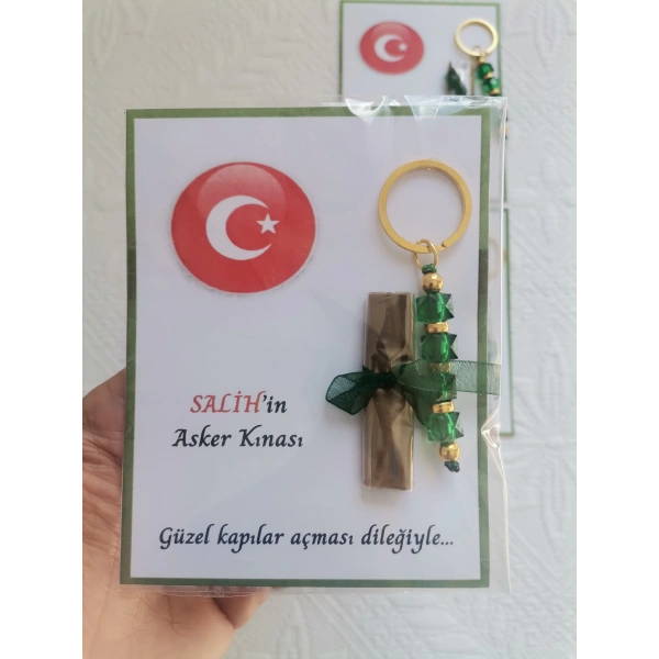 32 Adet Kişiye Özel Asker Kına Hatırası Dağıtmalık Hediyelik Yeşil Anahtarlık ve Paketlenmiş Kına