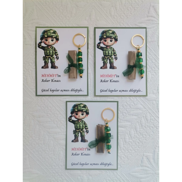 32 Adet Kişiye Özel Asker Kına Hatırası Dağıtmalık Hediyelik Yeşil Anahtarlık ve Paketlenmiş Kına