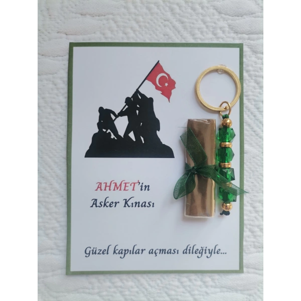 100 Adet Kişiye Özel Asker Kına Hatırası Dağıtmalık Hediyelik Yeşil Anahtarlık ve Paketlenmiş Kına