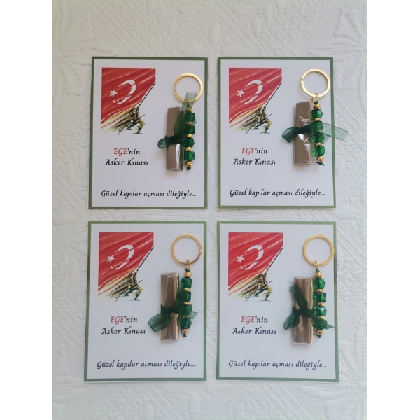 100 Adet Kişiye Özel Asker Kına Hatırası Dağıtmalık Hediyelik Yeşil Anahtarlık ve Paketlenmiş Kına