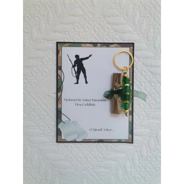 32 Adet Kişiye Özel Asker Kına Hatırası Dağıtmalık Hediyelik Yeşil Anahtarlık ve Paketlenmiş Kına