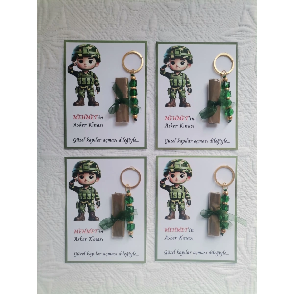 32 Adet Kişiye Özel Asker Kına Hatırası Dağıtmalık Hediyelik Yeşil Anahtarlık ve Paketlenmiş Kına