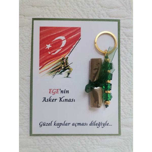 100 Adet Kişiye Özel Asker Kına Hatırası Dağıtmalık Hediyelik Yeşil Anahtarlık ve Paketlenmiş Kına