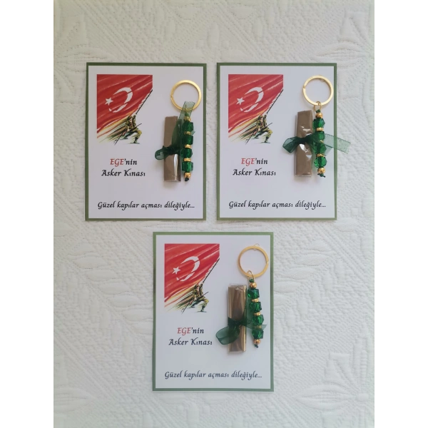 100 Adet Kişiye Özel Asker Kına Hatırası Dağıtmalık Hediyelik Yeşil Anahtarlık ve Paketlenmiş Kına