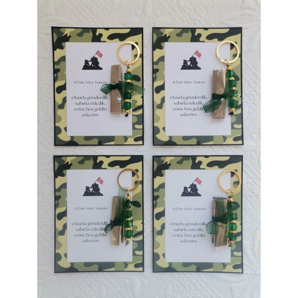 64 Adet Kişiye Özel Asker Kına Hatırası Dağıtmalık Hediyelik Yeşil Anahtarlık ve Paketlenmiş Kına