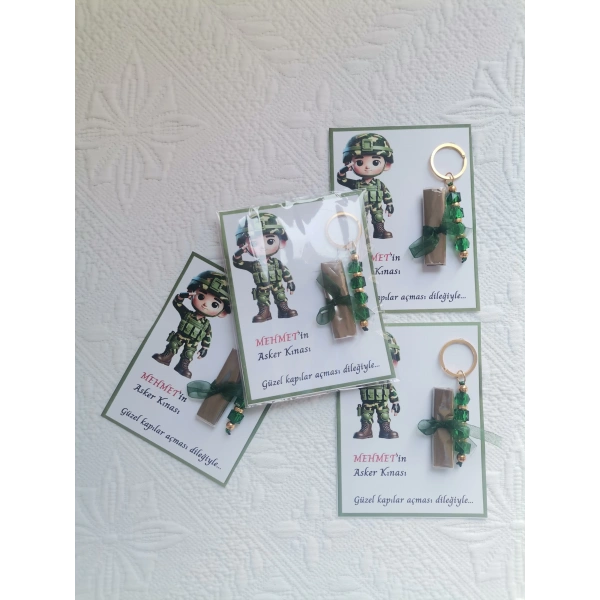 32 Adet Kişiye Özel Asker Kına Hatırası Dağıtmalık Hediyelik Yeşil Anahtarlık ve Paketlenmiş Kına