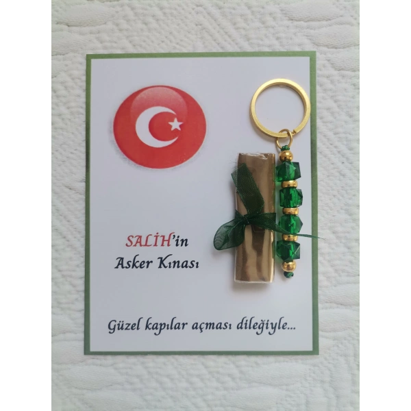 32 Adet Kişiye Özel Asker Kına Hatırası Dağıtmalık Hediyelik Yeşil Anahtarlık ve Paketlenmiş Kına