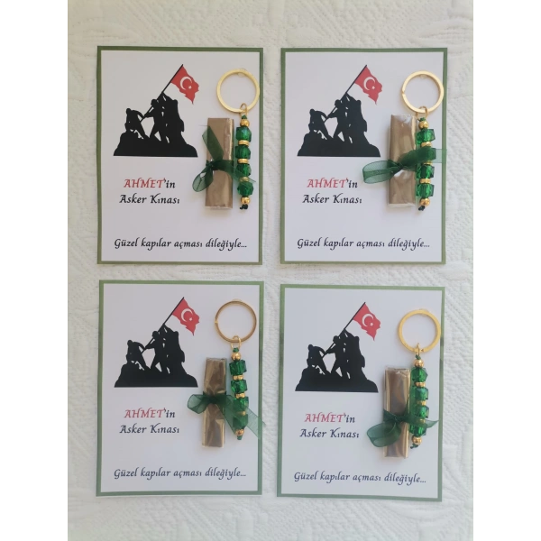 100 Adet Kişiye Özel Asker Kına Hatırası Dağıtmalık Hediyelik Yeşil Anahtarlık ve Paketlenmiş Kına