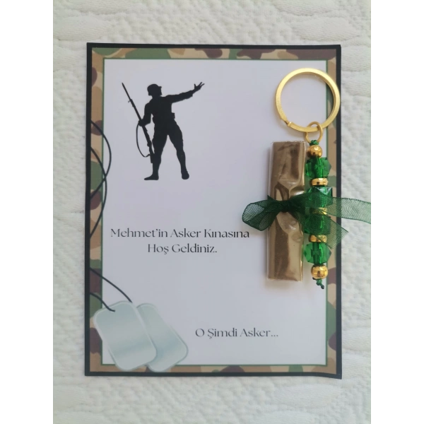 32 Adet Kişiye Özel Asker Kına Hatırası Dağıtmalık Hediyelik Yeşil Anahtarlık ve Paketlenmiş Kına