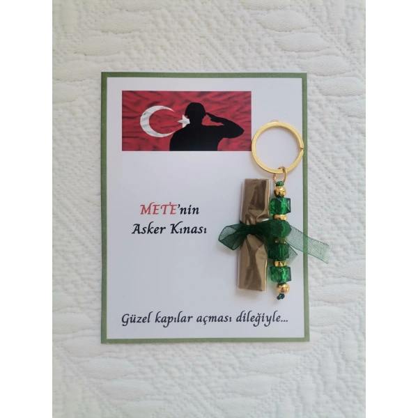 32 Adet Kişiye Özel Asker Kına Hatırası Dağıtmalık Hediyelik Yeşil Anahtarlık ve Paketlenmiş Kına