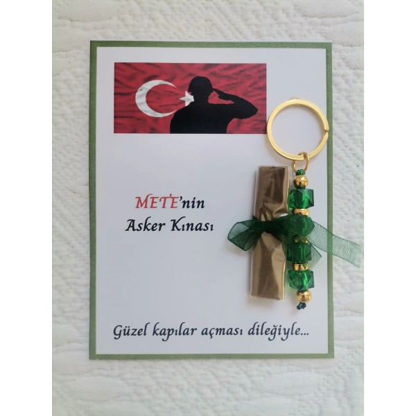 32 Adet Kişiye Özel Asker Kına Hatırası Dağıtmalık Hediyelik Yeşil Anahtarlık ve Paketlenmiş Kına