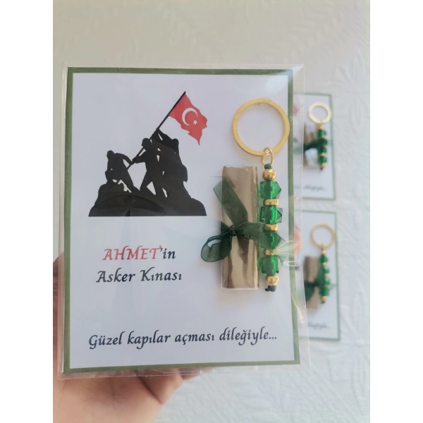 100 Adet Kişiye Özel Asker Kına Hatırası Dağıtmalık Hediyelik Yeşil Anahtarlık ve Paketlenmiş Kına