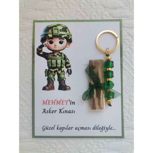 32 Adet Kişiye Özel Asker Kına Hatırası Dağıtmalık Hediyelik Yeşil Anahtarlık ve Paketlenmiş Kına