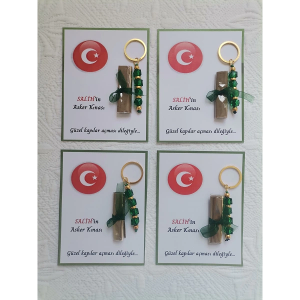 32 Adet Kişiye Özel Asker Kına Hatırası Dağıtmalık Hediyelik Yeşil Anahtarlık ve Paketlenmiş Kına