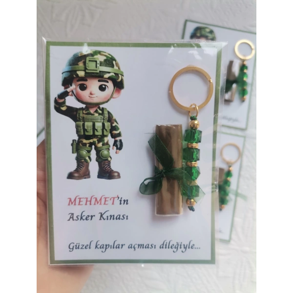 32 Adet Kişiye Özel Asker Kına Hatırası Dağıtmalık Hediyelik Yeşil Anahtarlık ve Paketlenmiş Kına