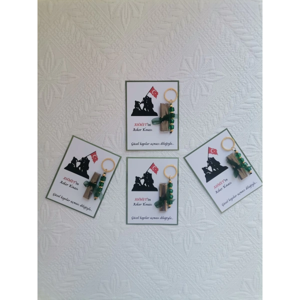 100 Adet Kişiye Özel Asker Kına Hatırası Dağıtmalık Hediyelik Yeşil Anahtarlık ve Paketlenmiş Kına