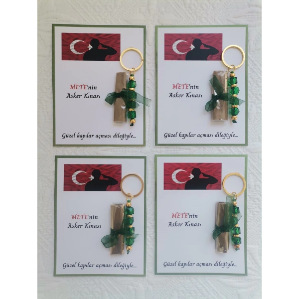 32 Adet Kişiye Özel Asker Kına Hatırası Dağıtmalık Hediyelik Yeşil Anahtarlık ve Paketlenmiş Kına