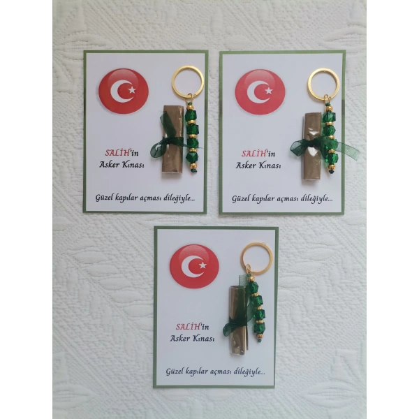 32 Adet Kişiye Özel Asker Kına Hatırası Dağıtmalık Hediyelik Yeşil Anahtarlık ve Paketlenmiş Kına