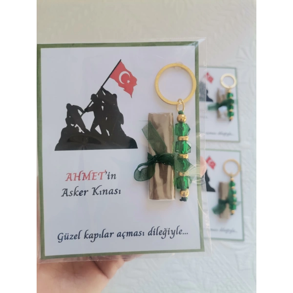 100 Adet Kişiye Özel Asker Kına Hatırası Dağıtmalık Hediyelik Yeşil Anahtarlık ve Paketlenmiş Kına