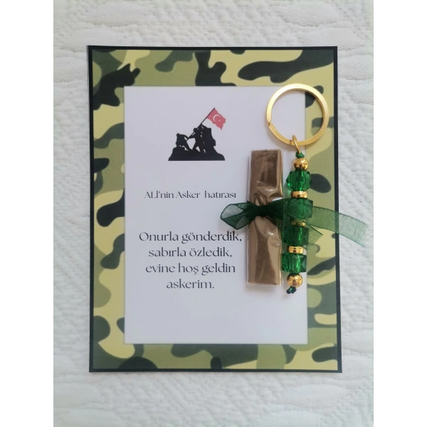 64 Adet Kişiye Özel Asker Kına Hatırası Dağıtmalık Hediyelik Yeşil Anahtarlık ve Paketlenmiş Kına