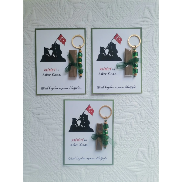 100 Adet Kişiye Özel Asker Kına Hatırası Dağıtmalık Hediyelik Yeşil Anahtarlık ve Paketlenmiş Kına