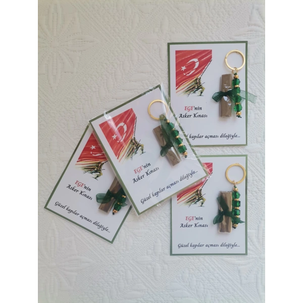 100 Adet Kişiye Özel Asker Kına Hatırası Dağıtmalık Hediyelik Yeşil Anahtarlık ve Paketlenmiş Kına