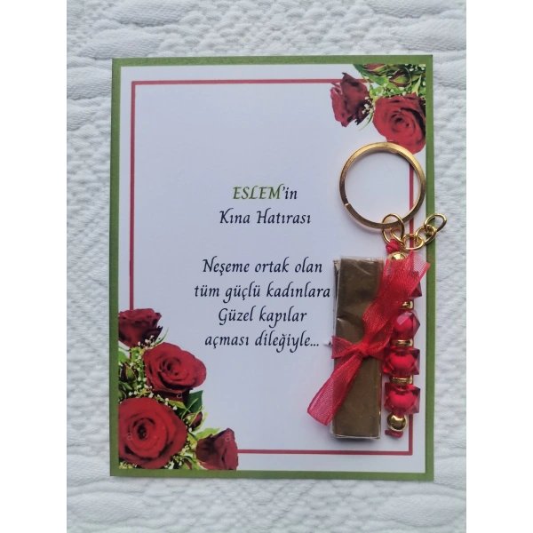 100 Adet Kişiye Özel Kına Hatırası Dağıtmalık Hediyelik Kırmızı Anahtarlık ve Paketlenmiş Kına