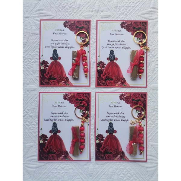 100 Adet Kişiye Özel Kına Hatırası Dağıtmalık Hediyelik Kırmızı Anahtarlık ve Paketlenmiş Kına