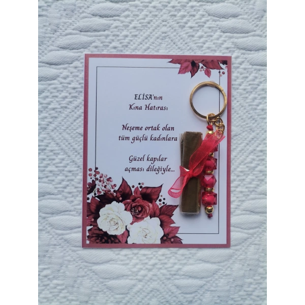 100 Adet Kişiye Özel Kına Hatırası Dağıtmalık Hediyelik Kırmızı Anahtarlık ve Paketlenmiş Kına