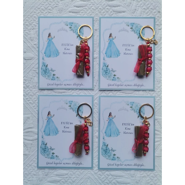 100 Adet Kişiye Özel Kına Hatırası Dağıtmalık Hediyelik Kırmızı Anahtarlık ve Paketlenmiş Kına