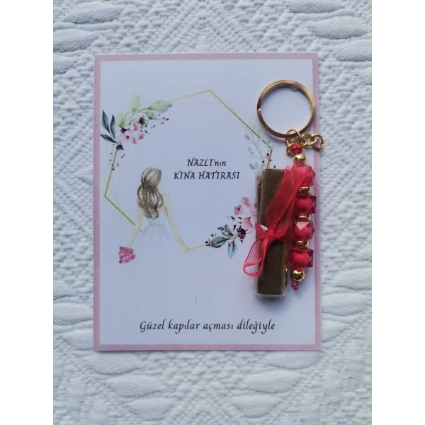 100 Adet Kişiye Özel Kına Hatırası Dağıtmalık Hediyelik Kırmızı Anahtarlık ve Paketlenmiş Kına