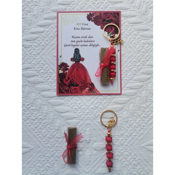 100 Adet Kişiye Özel Kına Hatırası Dağıtmalık Hediyelik Kırmızı Anahtarlık ve Paketlenmiş Kına