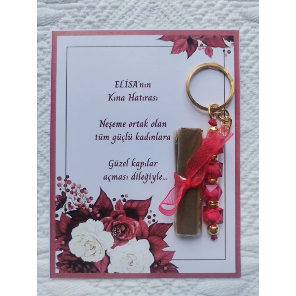 100 Adet Kişiye Özel Kına Hatırası Dağıtmalık Hediyelik Kırmızı Anahtarlık ve Paketlenmiş Kına