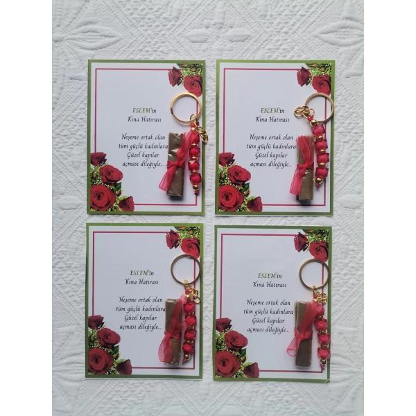 100 Adet Kişiye Özel Kına Hatırası Dağıtmalık Hediyelik Kırmızı Anahtarlık ve Paketlenmiş Kına