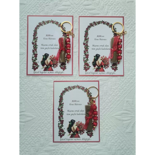 100 Adet Kişiye Özel Kına Hatırası Dağıtmalık Hediyelik Kırmızı Anahtarlık ve Paketlenmiş Kına
