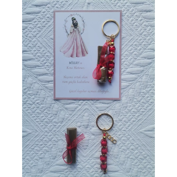 64 Adet Kişiye Özel Kına Hatırası Dağıtmalık Hediyelik Kırmızı Anahtarlık ve Paketlenmiş Kına