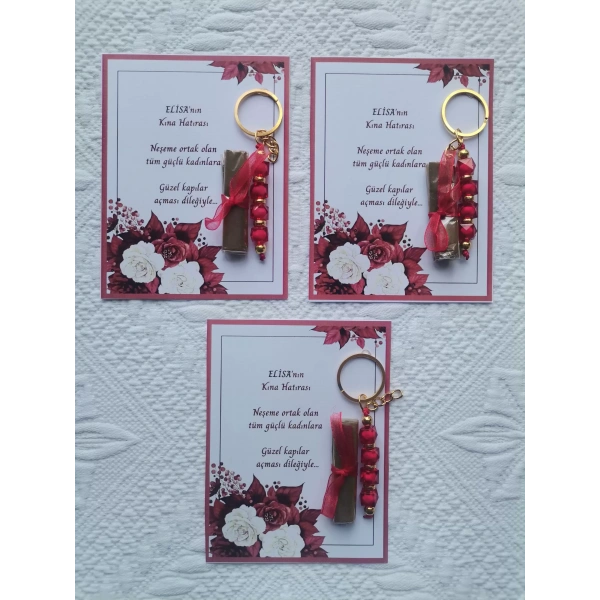 100 Adet Kişiye Özel Kına Hatırası Dağıtmalık Hediyelik Kırmızı Anahtarlık ve Paketlenmiş Kına