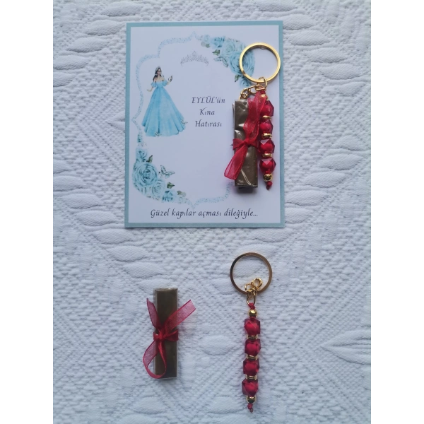 100 Adet Kişiye Özel Kına Hatırası Dağıtmalık Hediyelik Kırmızı Anahtarlık ve Paketlenmiş Kına