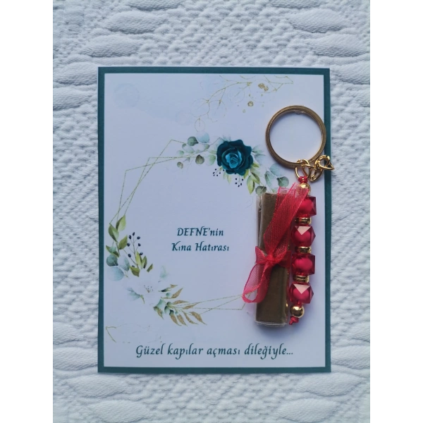 64 Adet Kişiye Özel Kına Hatırası Dağıtmalık Hediyelik Kırmızı Anahtarlık ve Paketlenmiş Kına