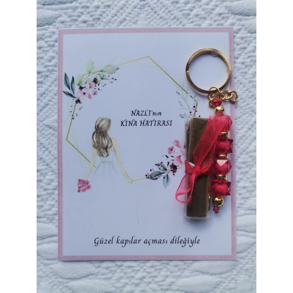 100 Adet Kişiye Özel Kına Hatırası Dağıtmalık Hediyelik Kırmızı Anahtarlık ve Paketlenmiş Kına