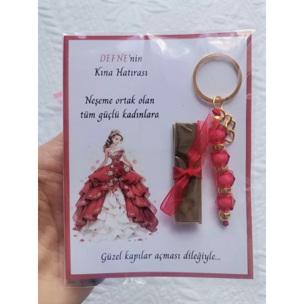 64 Adet Kişiye Özel Kına Hatırası Dağıtmalık Hediyelik Kırmızı Anahtarlık ve Paketlenmiş Kına