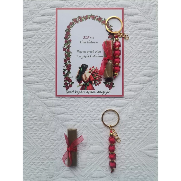 100 Adet Kişiye Özel Kına Hatırası Dağıtmalık Hediyelik Kırmızı Anahtarlık ve Paketlenmiş Kına