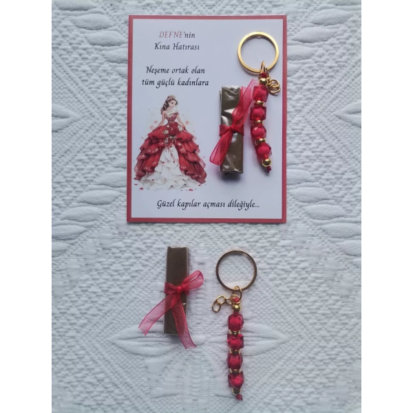 64 Adet Kişiye Özel Kına Hatırası Dağıtmalık Hediyelik Kırmızı Anahtarlık ve Paketlenmiş Kına