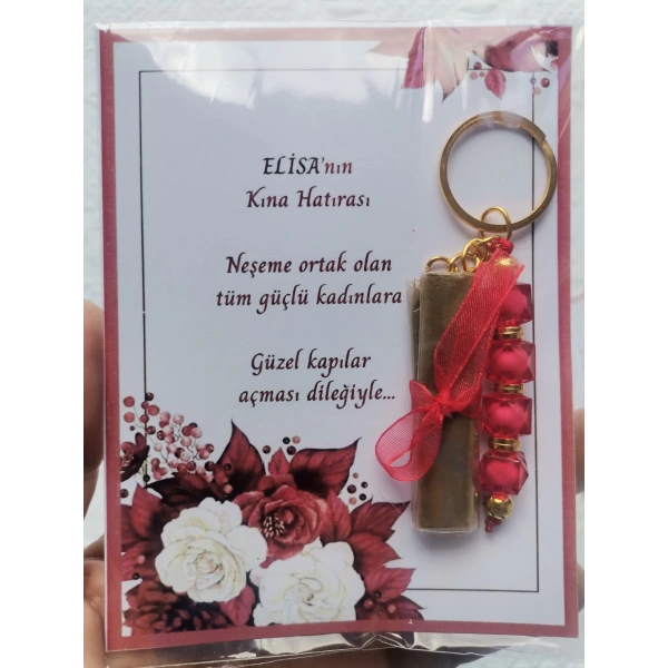 100 Adet Kişiye Özel Kına Hatırası Dağıtmalık Hediyelik Kırmızı Anahtarlık ve Paketlenmiş Kına