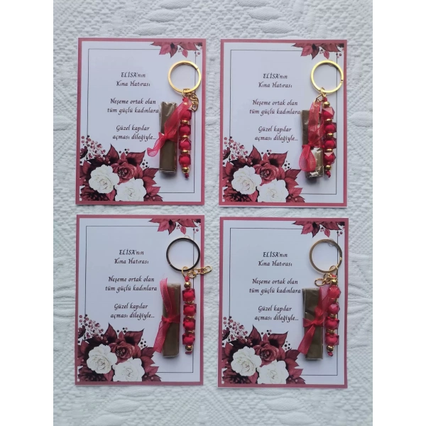100 Adet Kişiye Özel Kına Hatırası Dağıtmalık Hediyelik Kırmızı Anahtarlık ve Paketlenmiş Kına