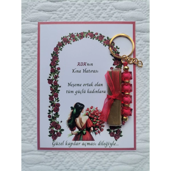 100 Adet Kişiye Özel Kına Hatırası Dağıtmalık Hediyelik Kırmızı Anahtarlık ve Paketlenmiş Kına