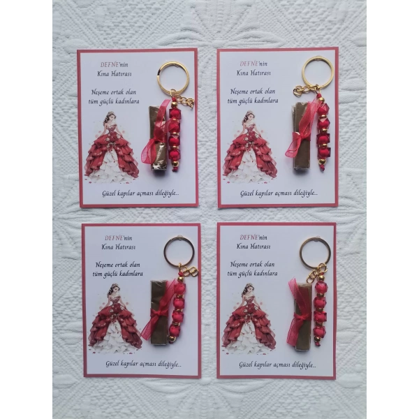 64 Adet Kişiye Özel Kına Hatırası Dağıtmalık Hediyelik Kırmızı Anahtarlık ve Paketlenmiş Kına