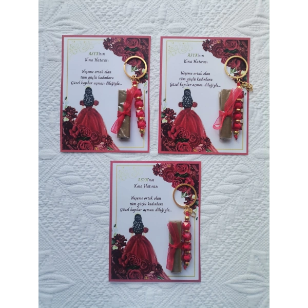 100 Adet Kişiye Özel Kına Hatırası Dağıtmalık Hediyelik Kırmızı Anahtarlık ve Paketlenmiş Kına