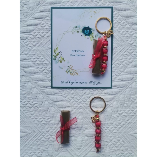 64 Adet Kişiye Özel Kına Hatırası Dağıtmalık Hediyelik Kırmızı Anahtarlık ve Paketlenmiş Kına
